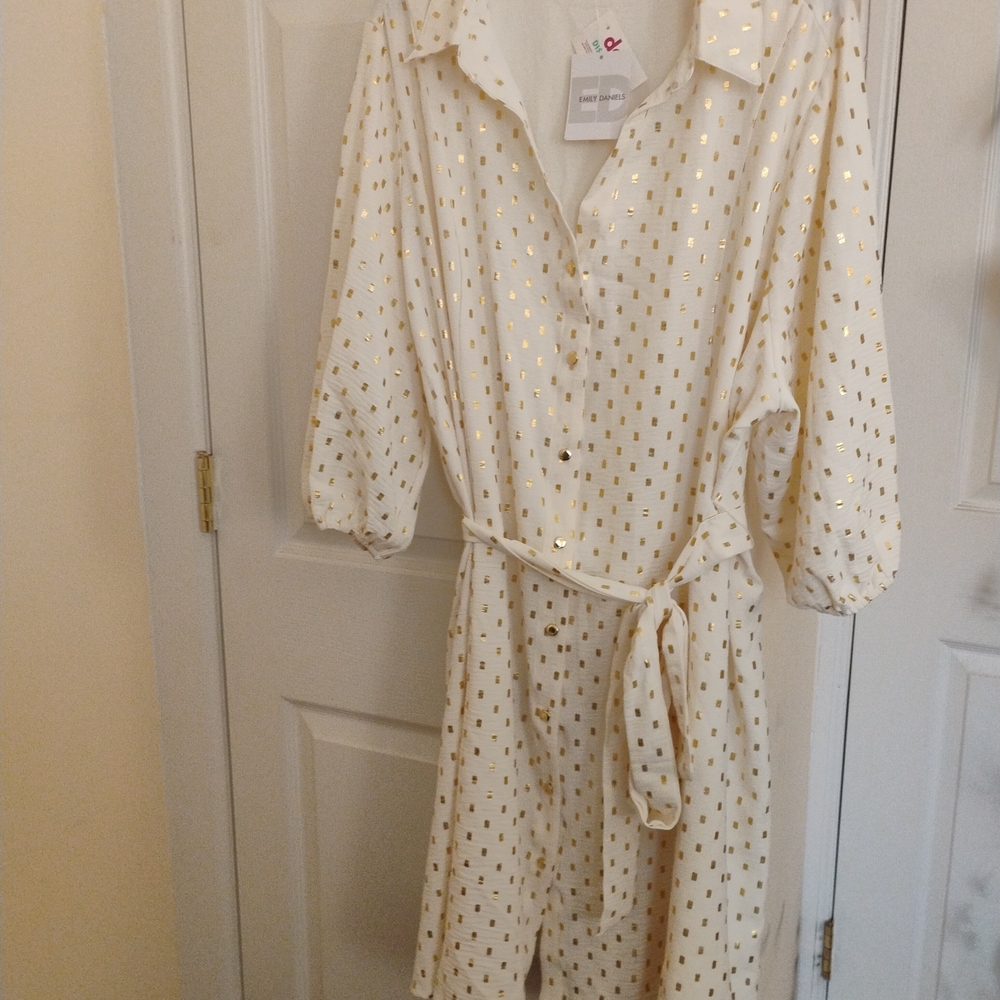 Cream Long Sleeve Shirt Dress with Gold Foil Detail